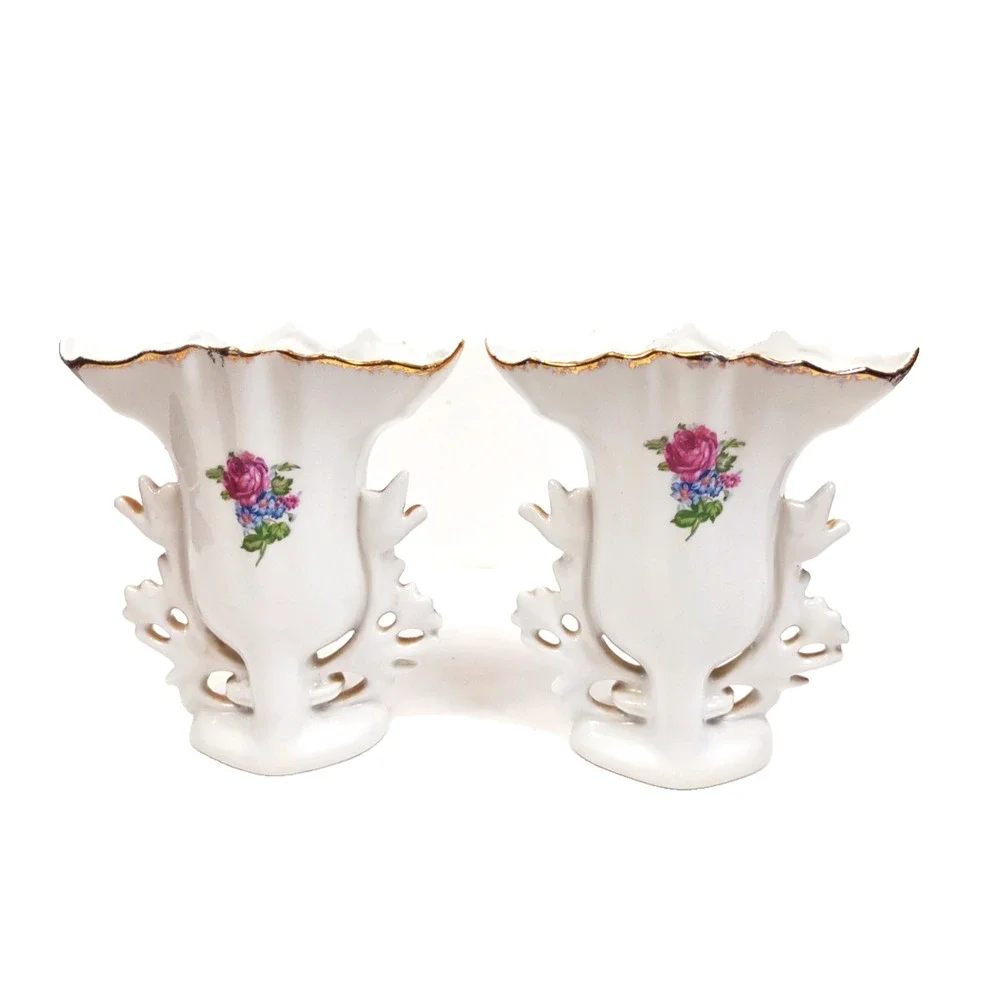 Pair Antique PORTUGAL Old Paris Style Spill Vases w Roses Daisies Circa 1900s